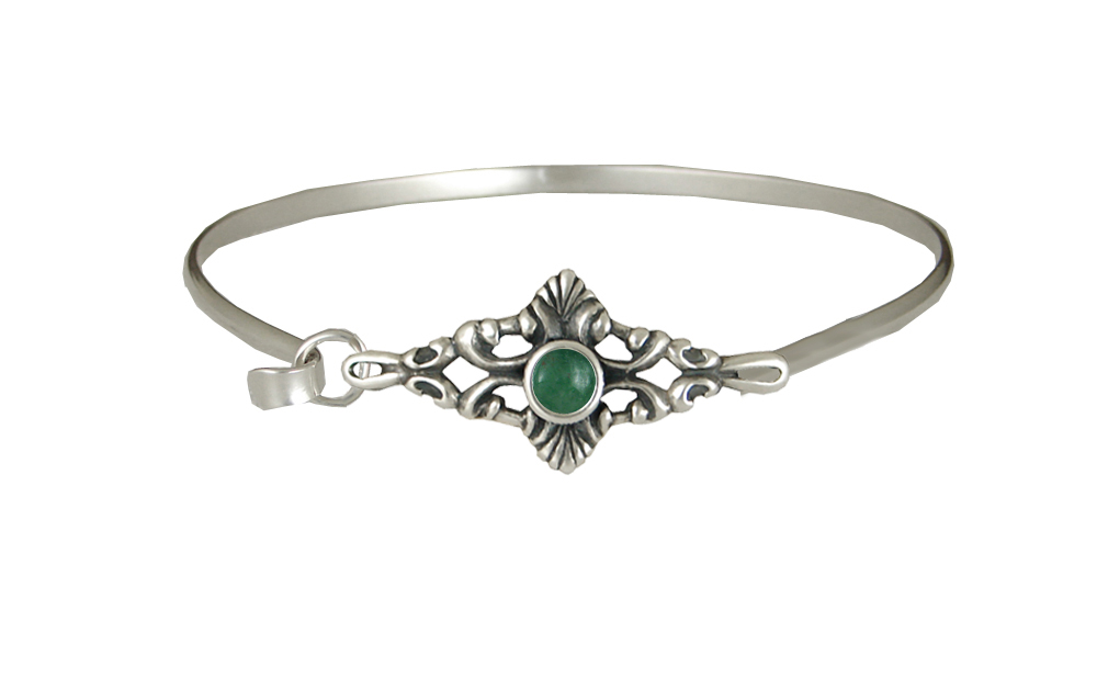 Sterling Silver Victorian Strap Latch Spring Hook Bangle Bracelet With Jade